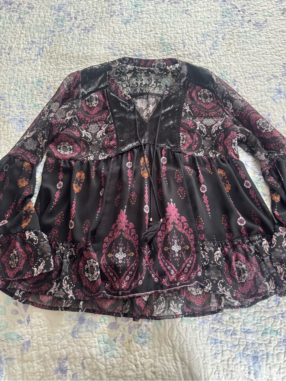 Boho Tie-Front Peasant Blouse in Black and Plum